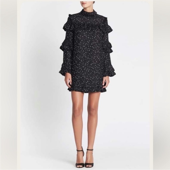 Frame Denim Dresses & Skirts - Frame black silk tiered starry ruffled mini dress long sleeve size SM